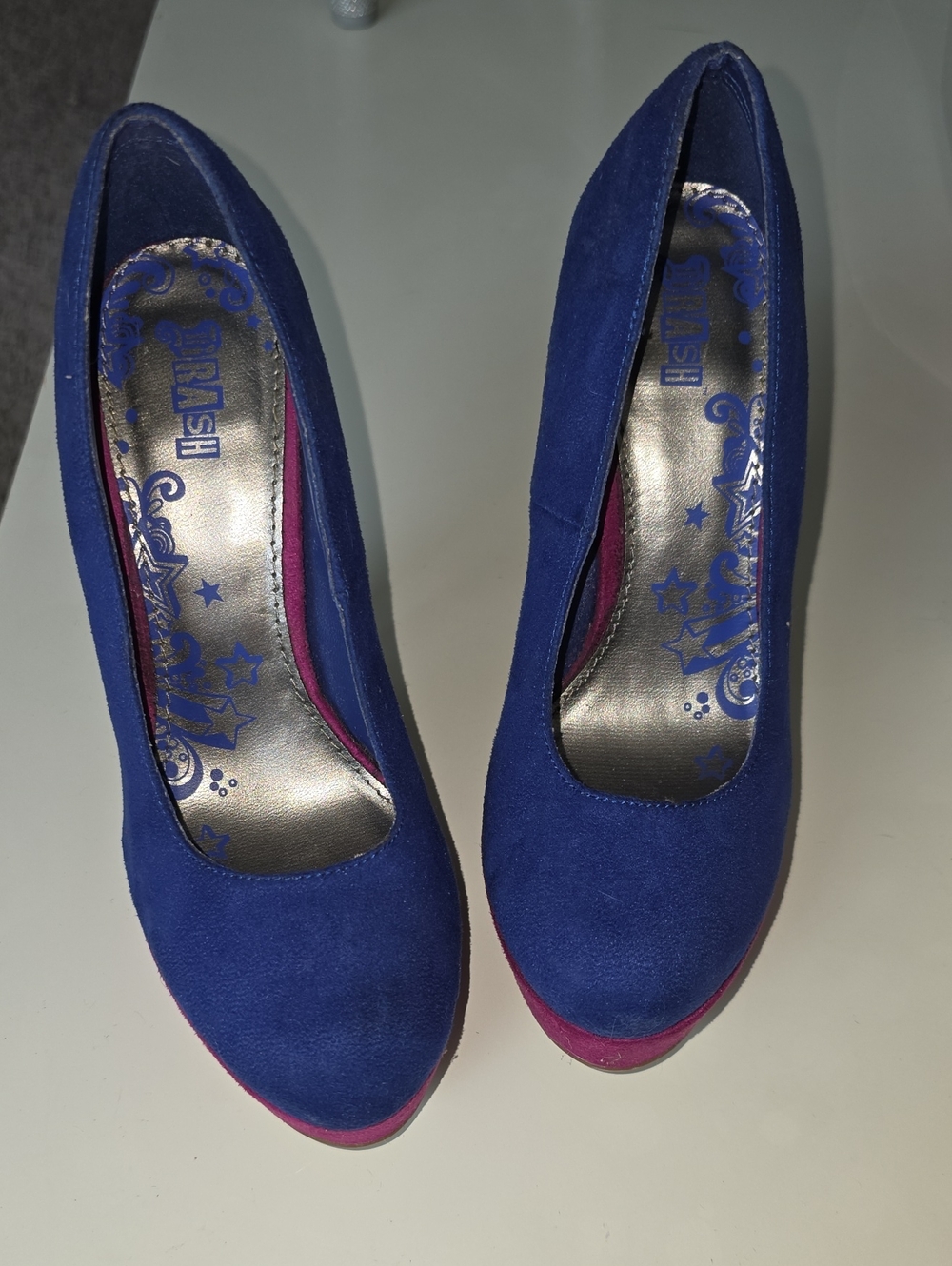 Ash cobalt blue suede platform pumps with pink sole